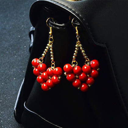 Heart-shaped Red Painted Glass Beads Stitch Earrings-6