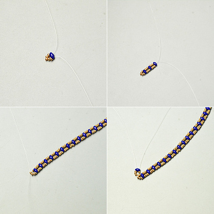 Bracelet délicat en point de perles de rocaille dorées et bleues-3