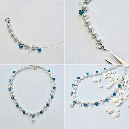 Collier en cristal de perles bleues et blanches-4
