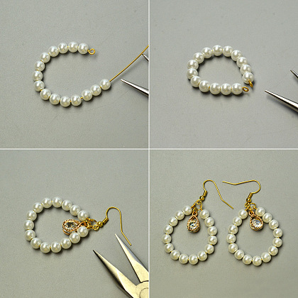 Boucles d'oreilles créoles perles blanches avec strass-3