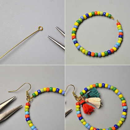 Hawaii Style Colorful Seed Beads Hoop Earrings with Cotton Tassels-3