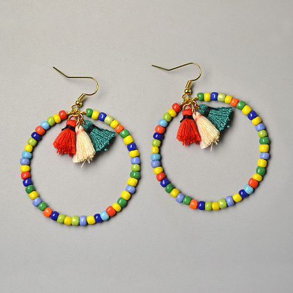 Hawaii Style Colorful Seed Beads Hoop Earrings with Cotton Tassels-4