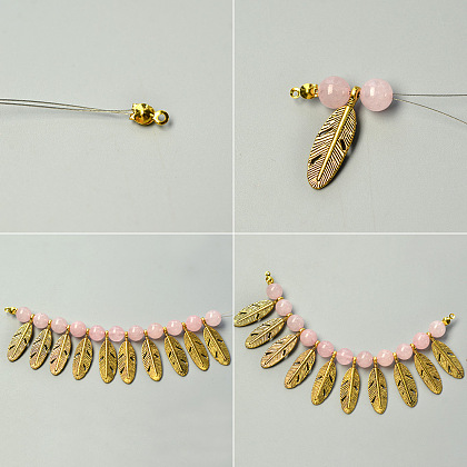 Collier plastron pendentif plume en or avec perles de quartz rose-3