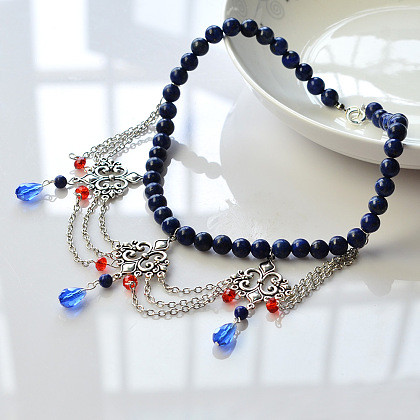 Collier pendentif en perles de lapis-lazuli de style vintage-8