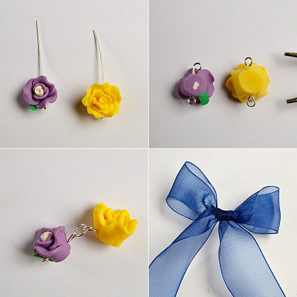 Boucles d'oreilles ruban bleu avec pendentifs fleurs-2