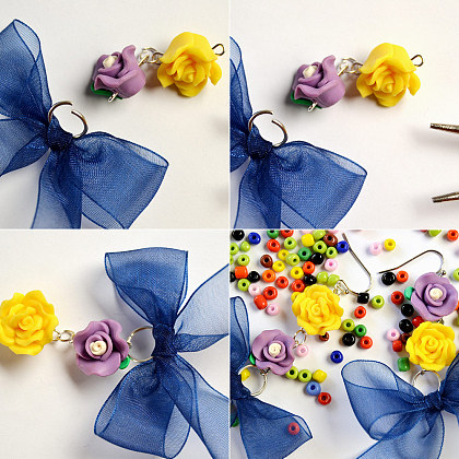 Boucles d'oreilles ruban bleu avec pendentifs fleurs-3