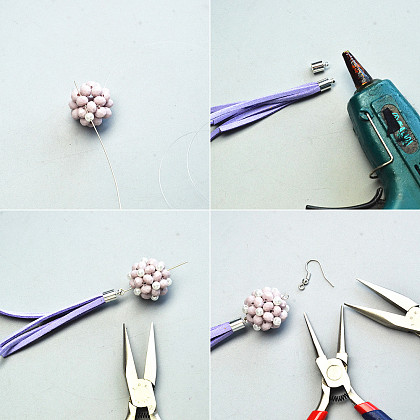 Boucles d'oreilles longues pompons violettes avec perles-3