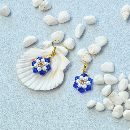 Flower Earrings with Blue Crystal Beads-1