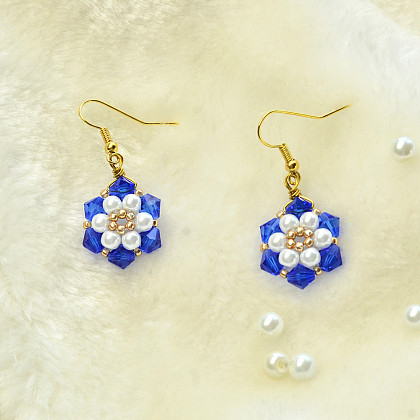 Flower Earrings with Blue Crystal Beads-5