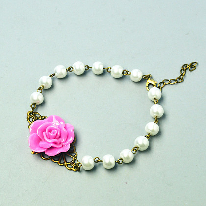 Pink Rose Bracelet with Pearl Beads-4