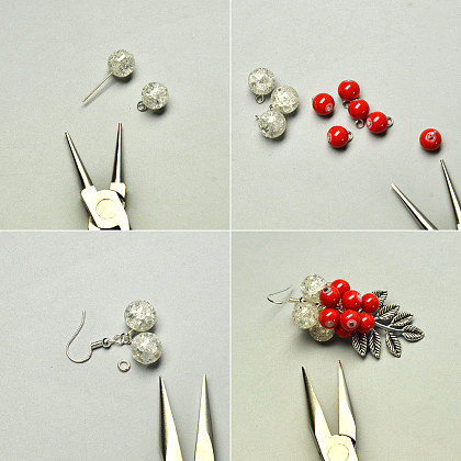 葉っぱ付きの赤いガラスビーズのイヤリング-3