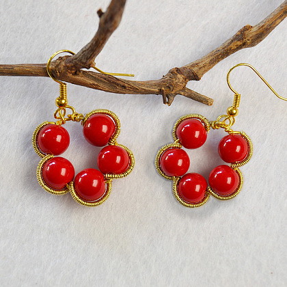 Red Pearl Flower Earrings-5