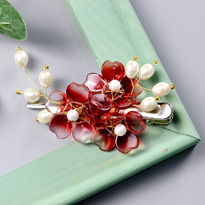 Red Flower Hairclip with Pearls-1