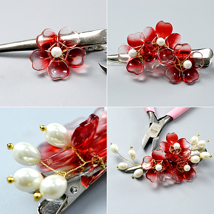 Red Flower Hairclip with Pearls-5