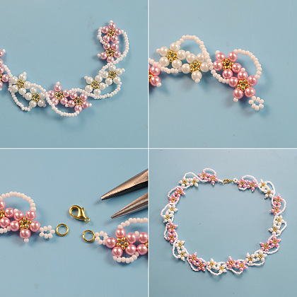 Elegante collar de flores de perlas de dos colores-6