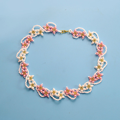 Elegante collar de flores de perlas de dos colores-7