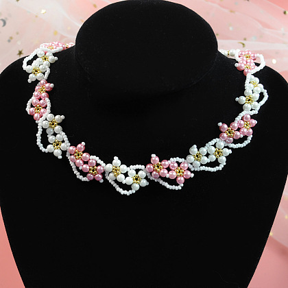 Elegante collar de flores de perlas de dos colores-8