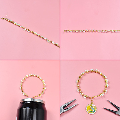 Bracelet en perles dorées avec breloque en émail-5