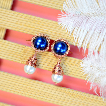 Boucles d'oreilles élégantes en perles bleues enveloppées de fil-8