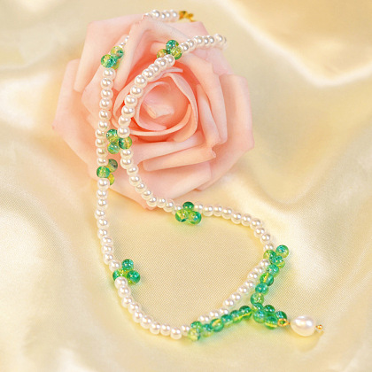 Pearl&Green Glass Bead Necklace-1