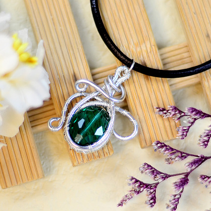 Necklace With Wire Wrapped Green Bead Pendant-1