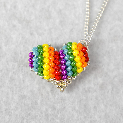 Seed Beaded Rainbow Heart Pendant Necklace-7