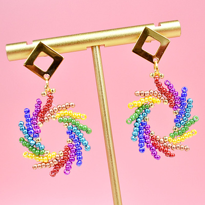 Seed Beaded Spiral Rainbow Earrings-1