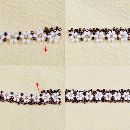 Bracelet 10 Perles Noires Brillantes Avec Fleurs Blanches - Environ 10 Cm - Occasion Excellent État