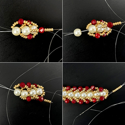 Красно-золотой браслет с жемчугом и стеклянными бусинами-4