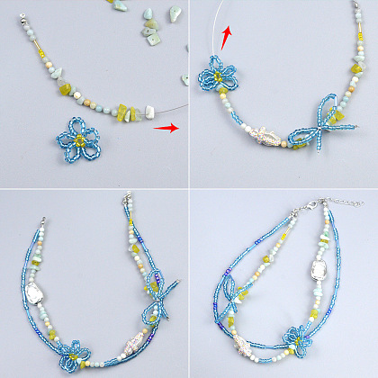 Ожерелье-бантик из голубого бисера-3