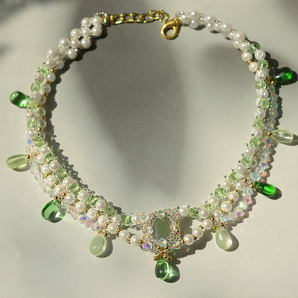 Ожерелье из свежего зеленого драгоценного камня с жемчугом-8