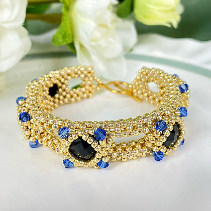 Bracelet de perles de graines dorées avec cabochons de verre-6