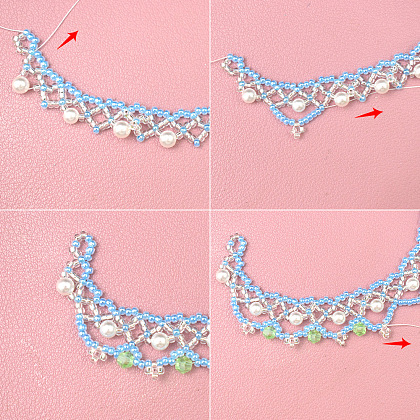 Кружевное ожерелье из голубых бус и жемчуга-4