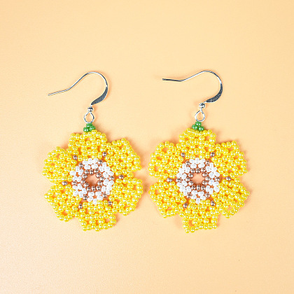Boucles d'oreilles fleur jaune avec perles de rocaille-6