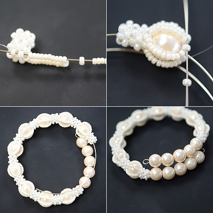 Bracelet perlé de graines vintage blanc avec perles de perles-5