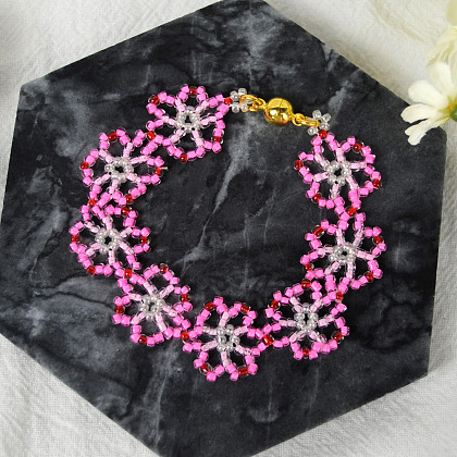 PandaHall Selected Tutorial on Pink Beaded Flower Bracelet-8