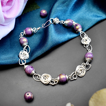 Wire Wrapping Bracelet with Purple Gemstone Beads-7