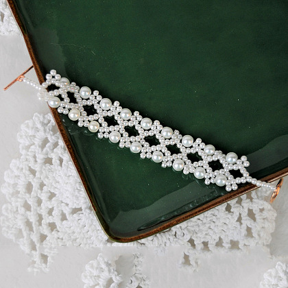 PandaHall Selected Idea on Pure White Glass Pearl Beaded Lace Bracelet-1