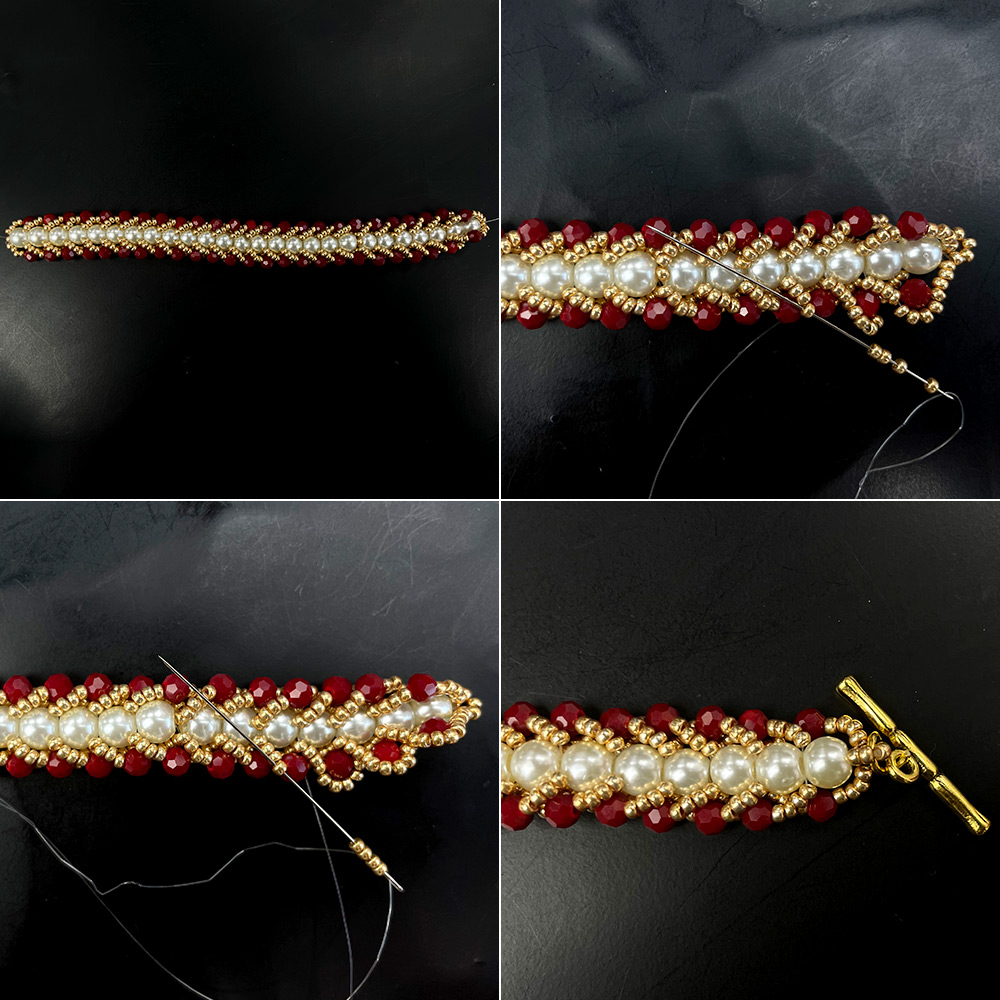 Красно-золотой браслет с жемчугом и стеклянными бусинами-5