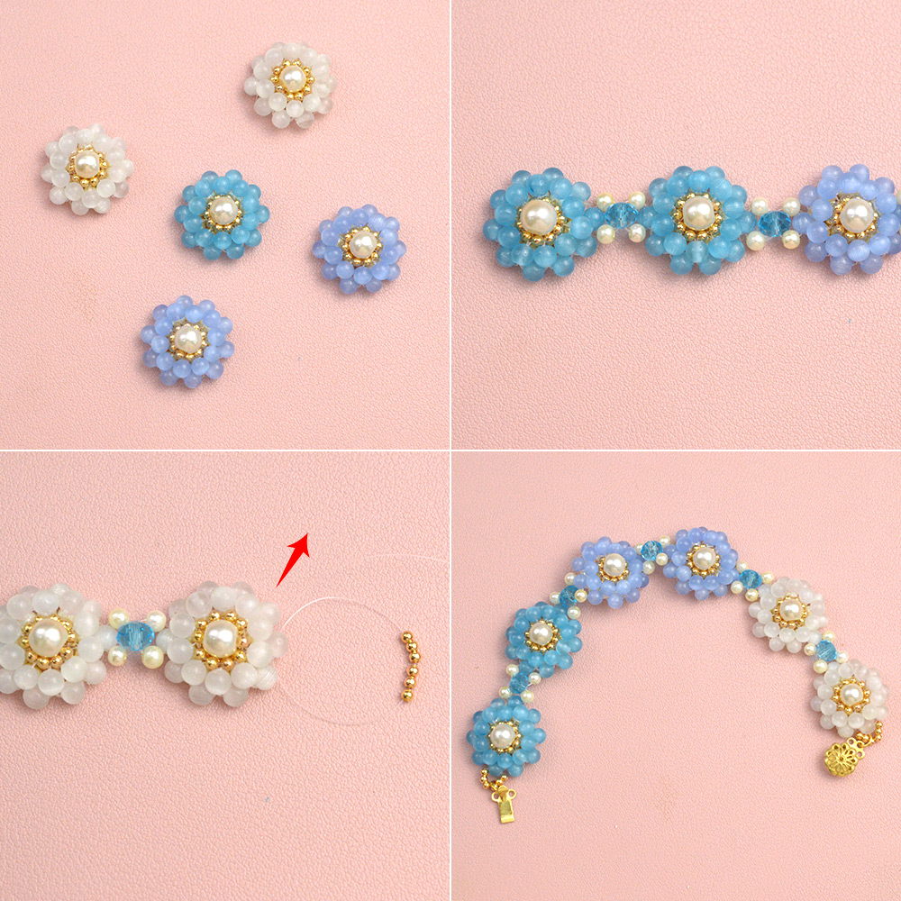 Браслет-цветок из бисера кошачий глаз