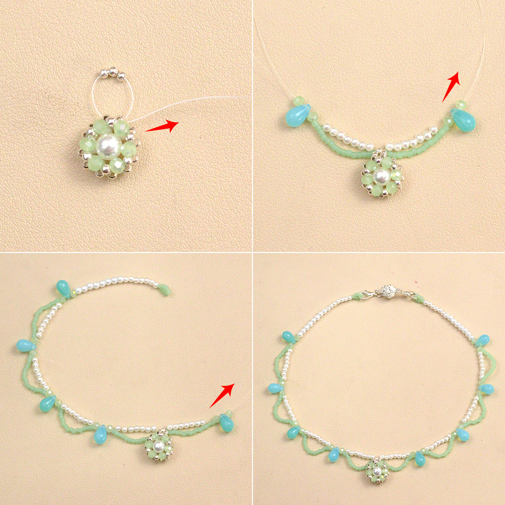 Ожерелье в форме капли из стекла и бисера.