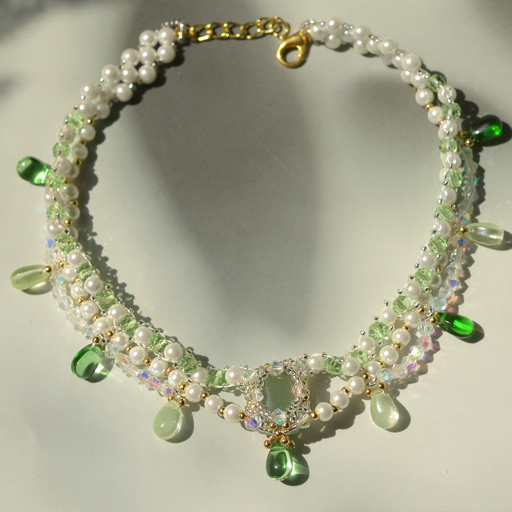 Ожерелье из свежего зеленого драгоценного камня с жемчугом-8