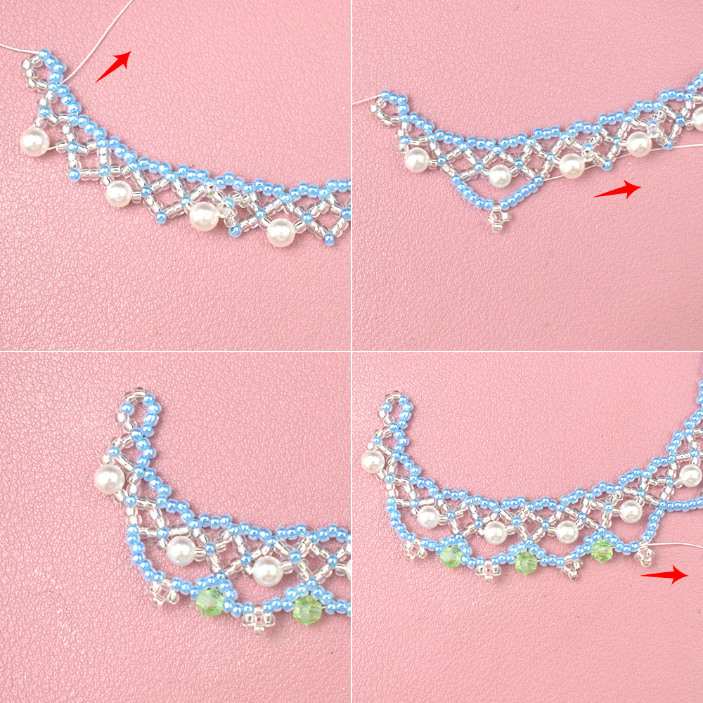 Кружевное ожерелье из голубых бус и жемчуга-4