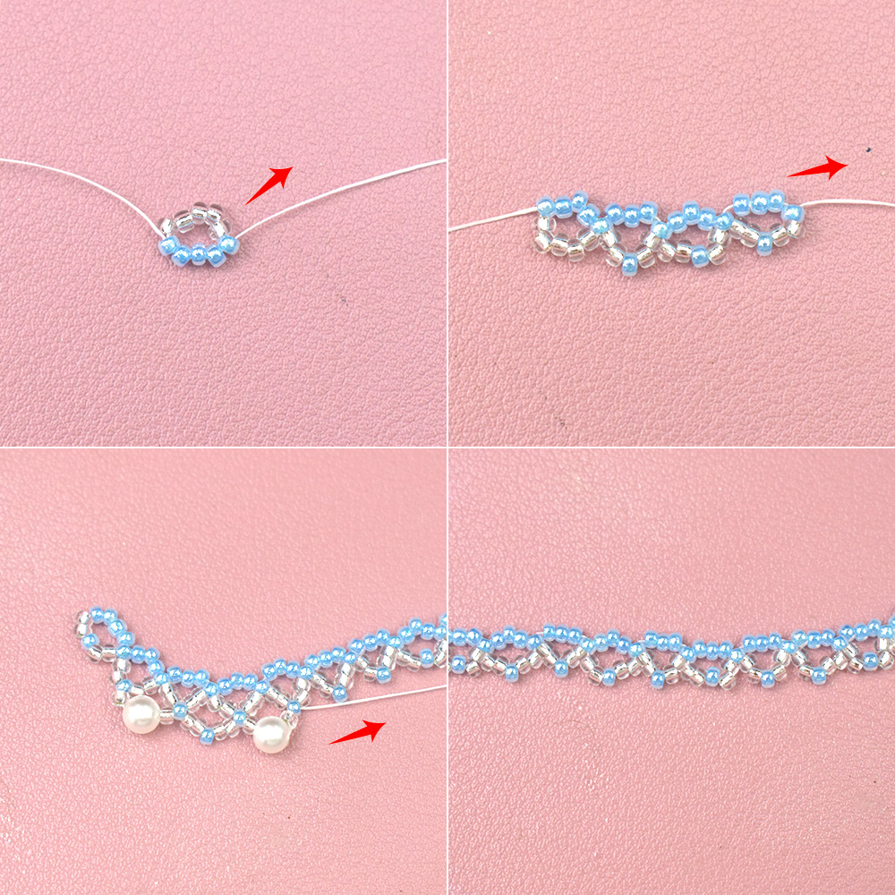 Кружевное ожерелье из голубых бус и жемчуга-3