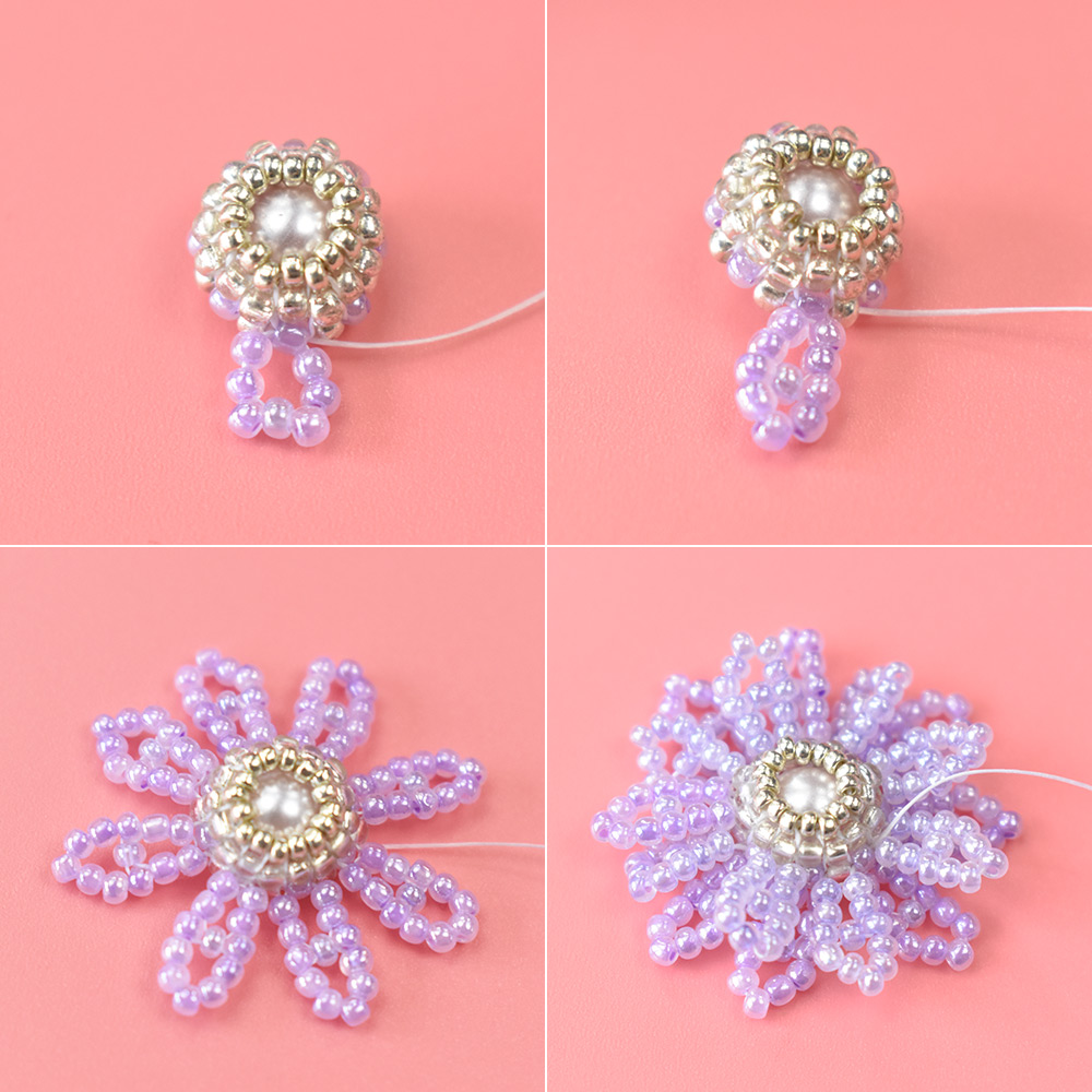 PandaHall Selected мастер-класс по изготовлению серег с ромашками из фиолетовых бисера-5