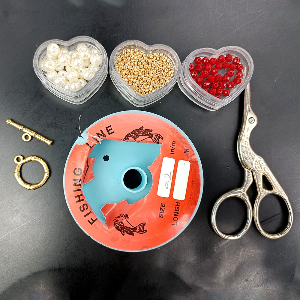 Красно-золотой браслет с жемчугом и стеклянными бусинами-2