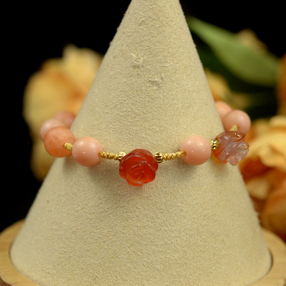 Розовый браслет из плетеной веревки с драгоценными камнями-5