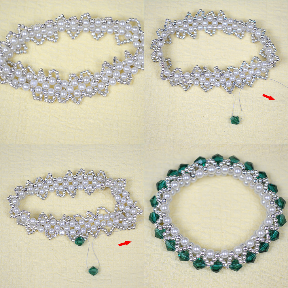 Зеленый двухконусный браслет из стеклянных бусин со стеклянными жемчужными бусинами-7