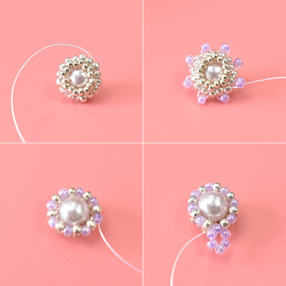 PandaHall Selected мастер-класс по изготовлению серег с ромашками из фиолетовых бисера-4