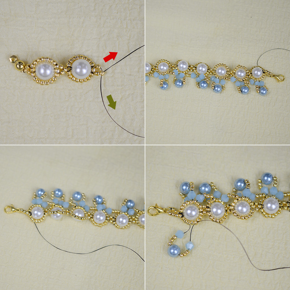 Браслет из бисера синего цвета с жемчугом и стеклянными бусинами-5